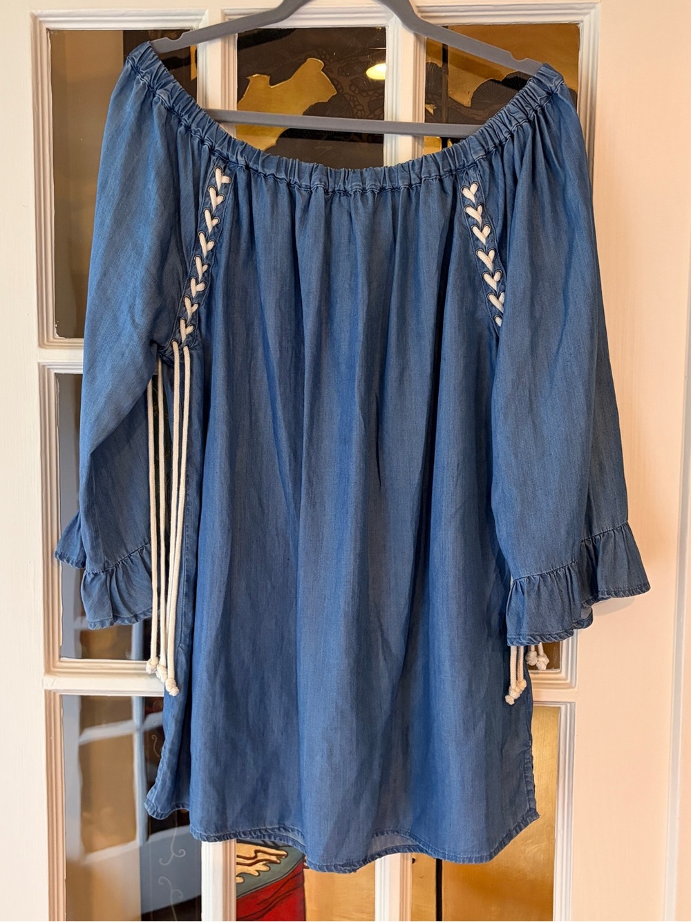 Billy T Blue Chambray Lace Up Cord Accent Off Shoulder Tunic Top SZ XXL Western